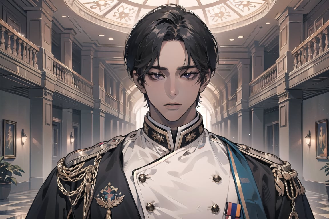  ((black very short hair)), (((dark skin:1.5))), ((center-parting bangs:1.4)), black eyes, ((mature)), serious, angular jaw, thick neck, wearing a (military uniform:1.3), long sleeve, by Raphael, masterpiece, upper body shot, magnificent indoor hall, Dichloe,1 man,1 boy