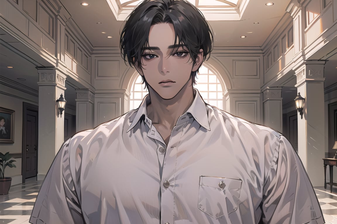  ((black very short hair)), (((dark skin:1.5))), ((center-parting bangs:1.4)), black eyes, ((mature)), serious, angular jaw, thick neck, wearing a (Linen shirt:1.3), by Raphael, masterpiece, upper body shot, magnificent indoor hall, Dichloe,1 man,1 boy