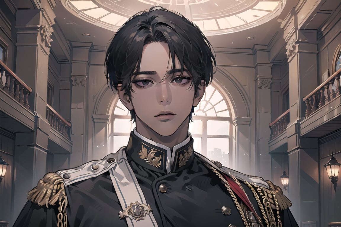  ((black very short hair)), (((dark skin:1.5))), ((center-parting bangs:1.4)), black eyes, ((mature)), serious, angular jaw, thick neck, wearing a (military uniform:1.3), long sleeve, by Raphael, masterpiece, upper body shot, magnificent indoor hall, Dichloe,1 man,1 boy