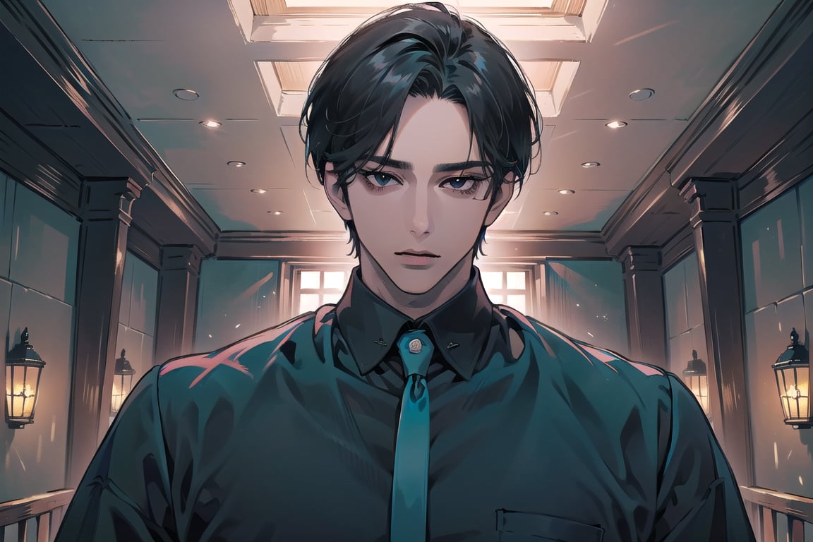  ((black very short hair)), (((dark skin:1.5))), ((center-parting bangs:1.4)), black eyes, ((mature)), serious, angular jaw, thick neck, wearing a (Teal shirt:1.3), by Raphael, masterpiece, upper body shot, magnificent indoor hall, Dichloe,1 man,1 boy