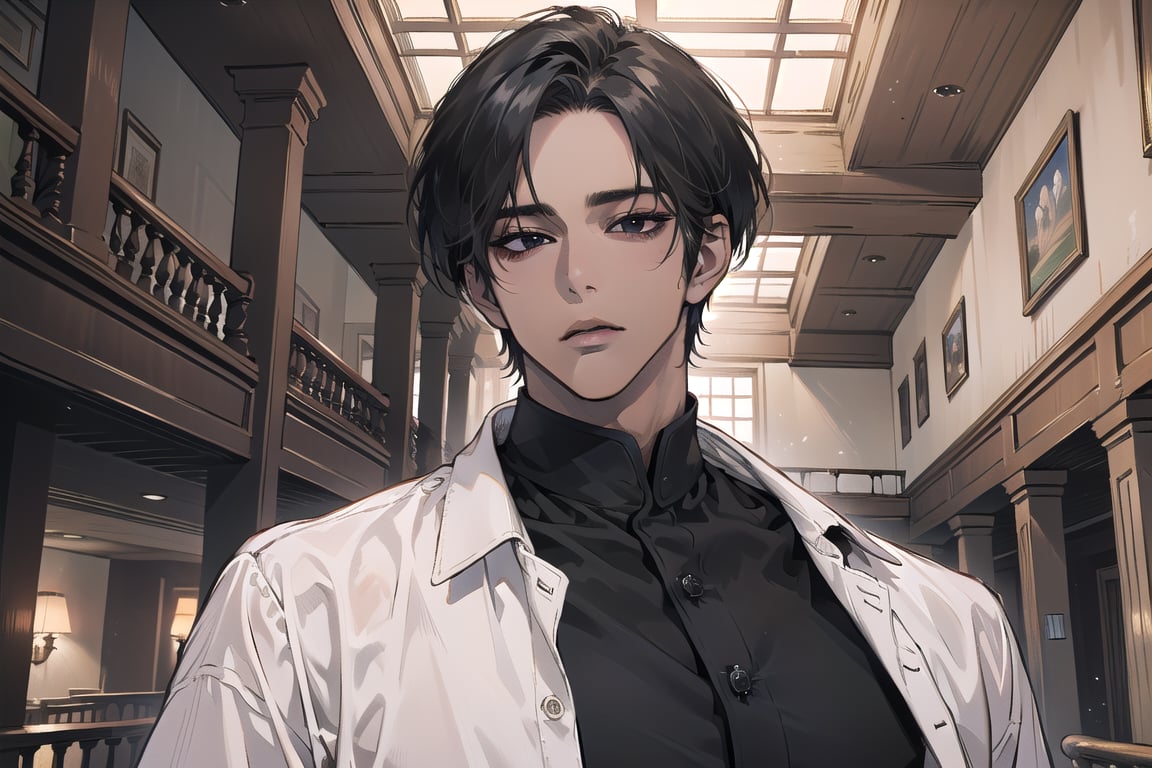  ((black very short hair)), (((dark skin:1.5))), ((center-parting bangs:1.4)), black eyes, ((mature)), serious, angular jaw, thick neck, wearing a (shirt:1.3), long sleeve, by Raphael, masterpiece, upper body shot, magnificent indoor hall, Dichloe,1 man,1 boy