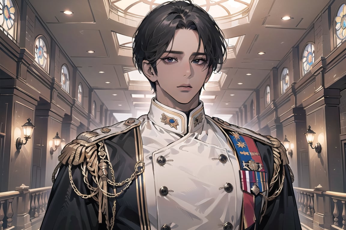  ((black very short hair)), (((dark skin:1.5))), ((center-parting bangs:1.4)), black eyes, ((mature)), serious, angular jaw, thick neck, wearing a (military uniform:1.3), long sleeve, by Raphael, masterpiece, upper body shot, magnificent indoor hall, Dichloe,1 man,1 boy