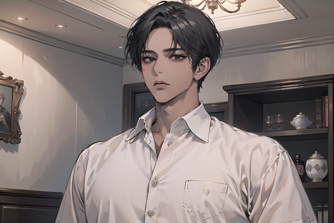  ((black very short hair)), (((dark skin:1.5))), ((center-parting bangs:1.4)), black eyes, ((mature)), serious, angular jaw, thick neck, wearing a (Linen shirt:1.3), by Raphael, masterpiece, upper body shot, magnificent indoor hall, Dichloe,1 man,1 boy