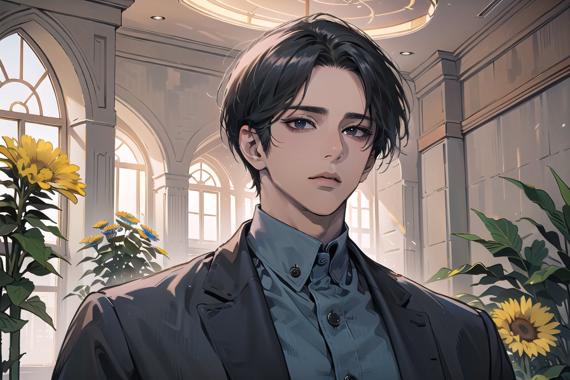  ((black very short hair)), (((dark skin:1.5))), ((center-parting bangs:1.4)), black eyes, ((mature)), serious, angular jaw, thick neck, wearing a (CornflowerBlue shirt:1.3), by Raphael, masterpiece, upper body shot, magnificent indoor hall, Dichloe,1 man,1 boy