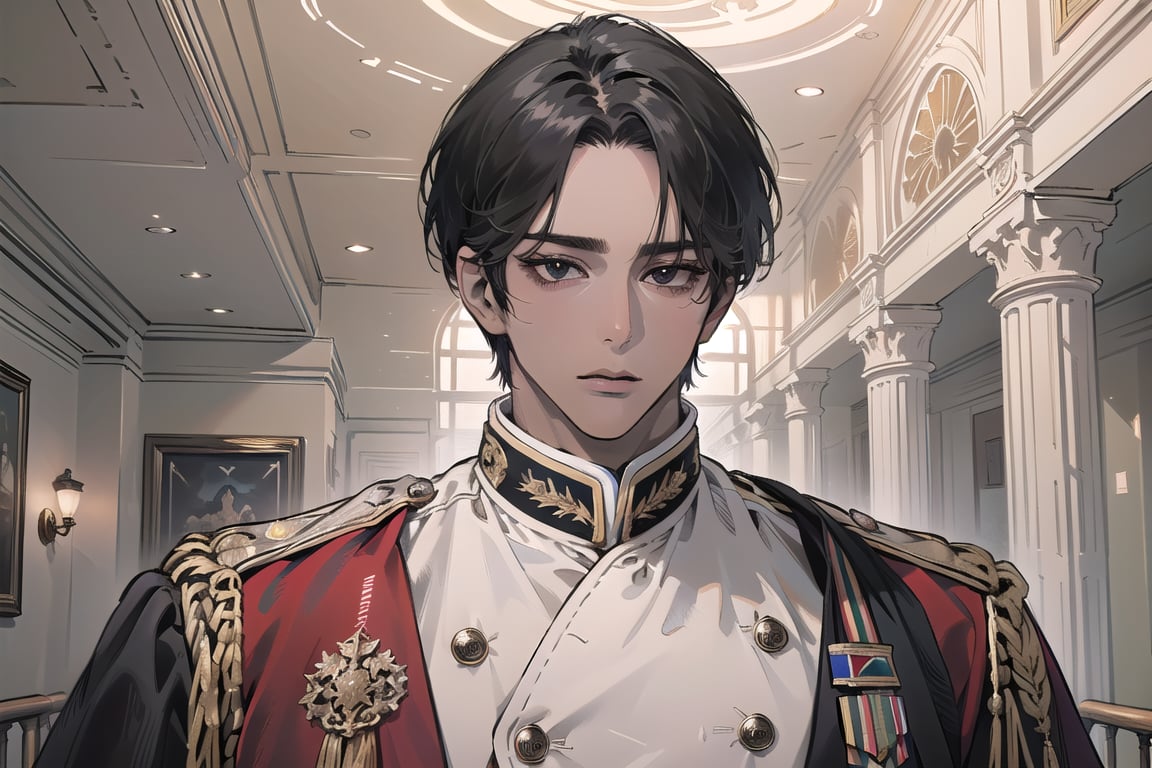  ((black very short hair)), (((dark skin:1.5))), ((center-parting bangs:1.4)), black eyes, ((mature)), serious, angular jaw, thick neck, wearing a (military uniform:1.3), long sleeve, by Raphael, masterpiece, upper body shot, magnificent indoor hall, Dichloe,1 man,1 boy