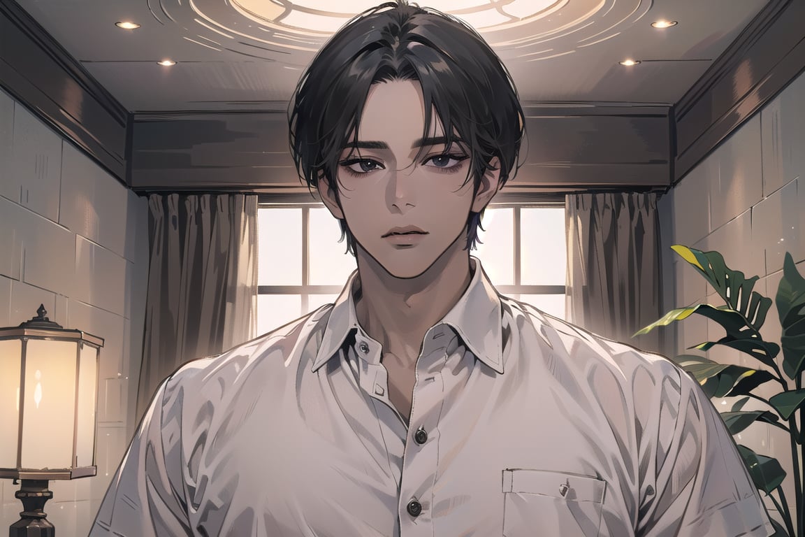  ((black very short hair)), (((dark skin:1.5))), ((center-parting bangs:1.4)), black eyes, ((mature)), serious, angular jaw, thick neck, wearing a (Linen shirt:1.3), by Raphael, masterpiece, upper body shot, magnificent indoor hall, Dichloe,1 man,1 boy