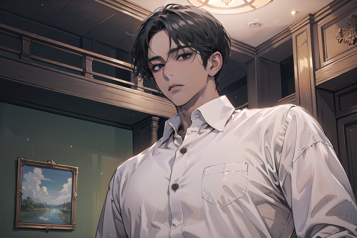  ((black very short hair)), (((dark skin:1.5))), ((center-parting bangs:1.4)), black eyes, ((mature)), serious, angular jaw, thick neck, wearing a (Linen shirt:1.3), by Raphael, masterpiece, upper body shot, magnificent indoor hall, Dichloe,1 man,1 boy