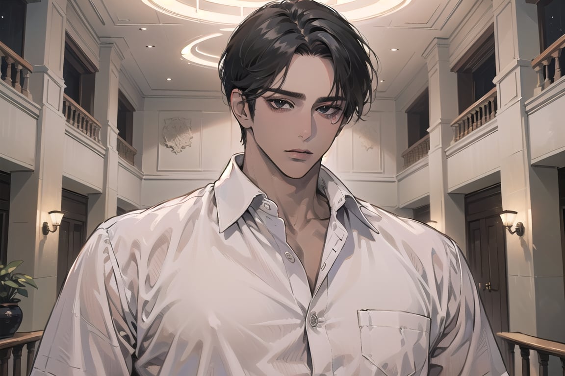  ((black very short hair)), (((dark skin:1.5))), ((center-parting bangs:1.4)), black eyes, ((mature)), serious, angular jaw, thick neck, wearing a (Linen shirt:1.3), by Raphael, masterpiece, upper body shot, magnificent indoor hall, Dichloe,1 man,1 boy