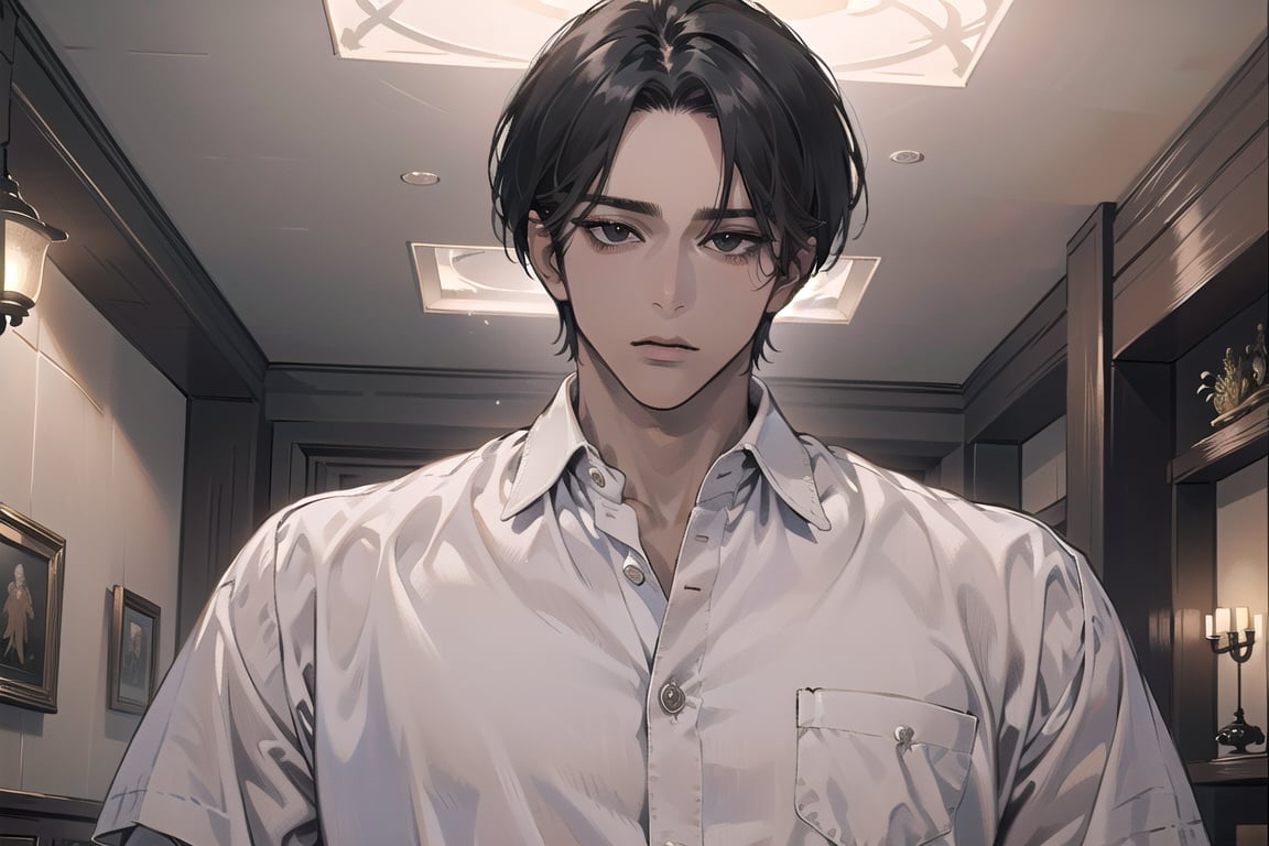  ((black very short hair)), (((dark skin:1.5))), ((center-parting bangs:1.4)), black eyes, ((mature)), serious, angular jaw, thick neck, wearing a (Linen shirt:1.3), by Raphael, masterpiece, upper body shot, magnificent indoor hall, Dichloe,1 man,1 boy