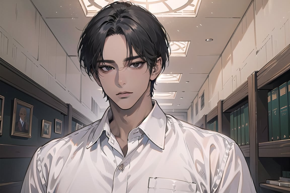  ((black very short hair)), (((dark skin:1.5))), ((center-parting bangs:1.4)), black eyes, ((mature)), serious, angular jaw, thick neck, wearing a (white shirt:1.3), by Raphael, masterpiece, upper body shot, magnificent indoor hall, Dichloe,1 man,1 boy