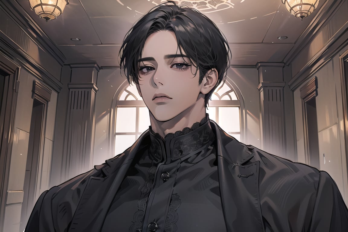  ((black very short hair)), (((dark skin:1.5))), ((center-parting bangs:1.4)), black eyes, ((mature)), serious, angular jaw, thick neck, wearing a (OldLace shirt:1.3), by Raphael, masterpiece, upper body shot, magnificent indoor hall, Dichloe,1 man,1 boy