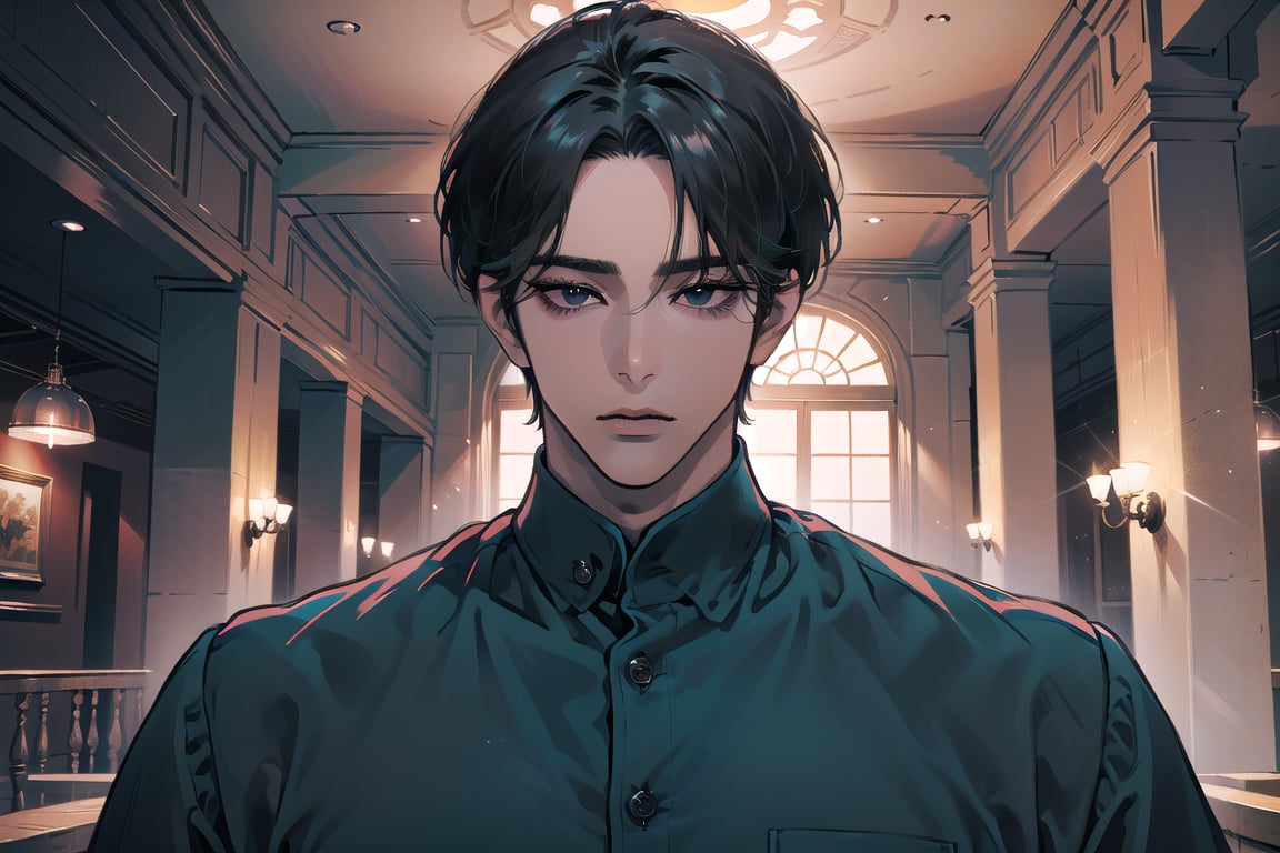  ((black very short hair)), (((dark skin:1.5))), ((center-parting bangs:1.4)), black eyes, ((mature)), serious, angular jaw, thick neck, wearing a (Teal shirt:1.3), by Raphael, masterpiece, upper body shot, magnificent indoor hall, Dichloe,1 man,1 boy