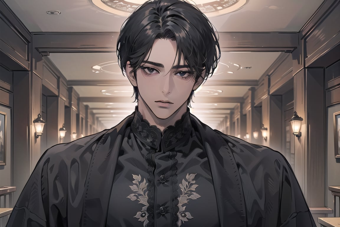  ((black very short hair)), (((dark skin:1.5))), ((center-parting bangs:1.4)), black eyes, ((mature)), serious, angular jaw, thick neck, wearing a (OldLace shirt:1.3), by Raphael, masterpiece, upper body shot, magnificent indoor hall, Dichloe,1 man,1 boy