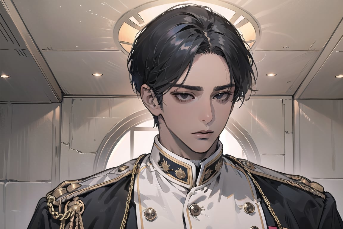  ((black very short hair)), (((dark skin:1.5))), ((center-parting bangs:1.4)), black eyes, ((mature)), serious, angular jaw, thick neck, wearing a (military uniform:1.3), long sleeve, by Raphael, masterpiece, upper body shot, magnificent indoor hall, Dichloe,1 man,1 boy