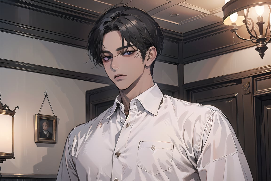  ((black very short hair)), (((dark skin:1.5))), ((center-parting bangs:1.4)), black eyes, ((mature)), serious, angular jaw, thick neck, wearing a (shirt:1.3), long sleeve, by Raphael, masterpiece, upper body shot, magnificent indoor hall, Dichloe,1 man,1 boy