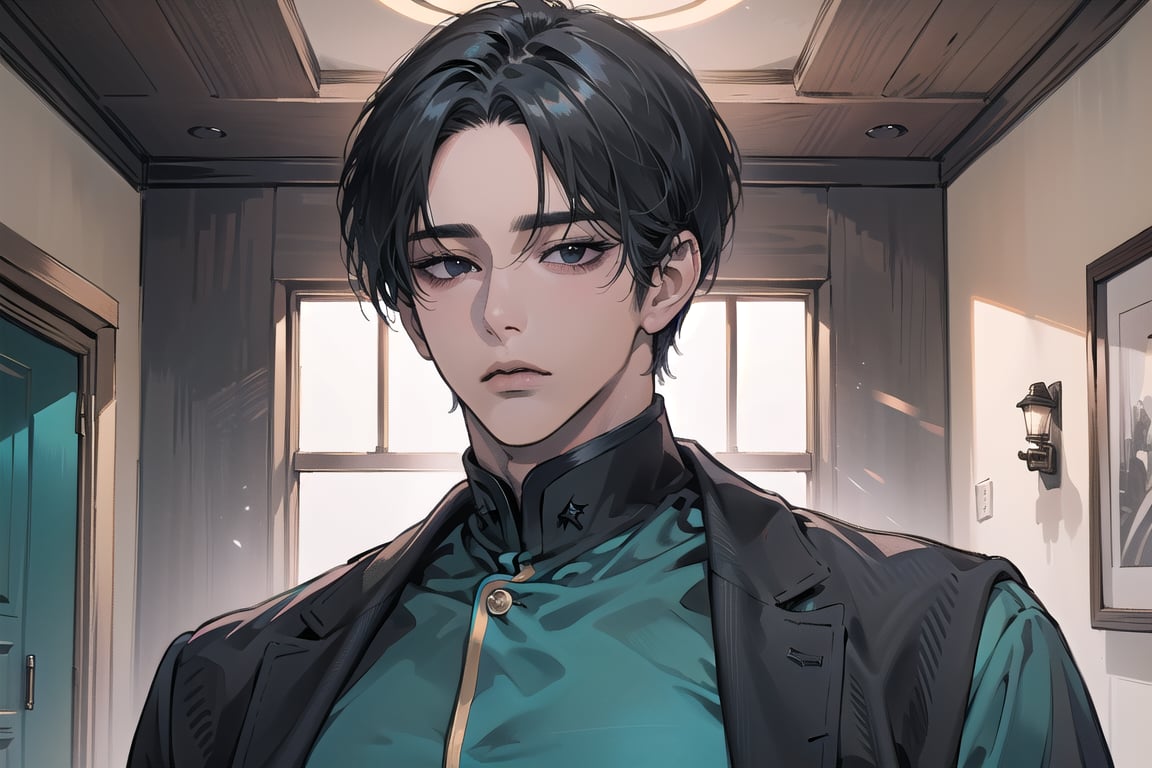  ((black very short hair)), (((dark skin:1.5))), ((center-parting bangs:1.4)), black eyes, ((mature)), serious, angular jaw, thick neck, wearing a (Cyan shirt:1.3), by Raphael, masterpiece, upper body shot, magnificent indoor hall, Dichloe,1 man,1 boy