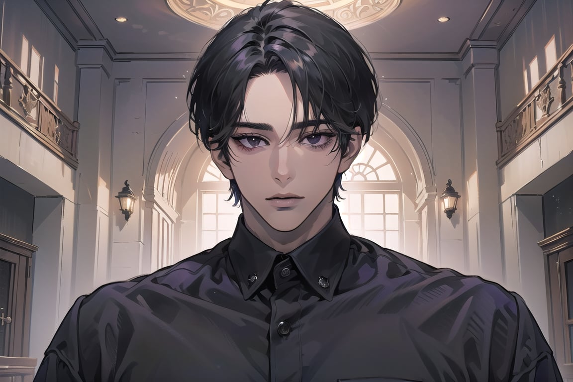  ((black very short hair)), (((dark skin:1.5))), ((center-parting bangs:1.4)), black eyes, ((mature)), serious, angular jaw, thick neck, wearing a (purple shirt:1.3), by Raphael, masterpiece, upper body shot, magnificent indoor hall, Dichloe,1 man,1 boy