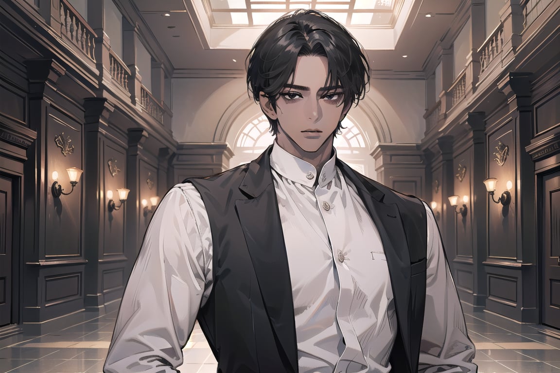  ((black very short hair)), (((dark skin:1.5))), ((center-parting bangs:1.4)), black eyes, ((mature)), serious, angular jaw, thick neck, wearing a (white shirt:1.3), long sleeve, by Raphael, masterpiece, upper body shot, magnificent indoor hall, Dichloe,1 man,1 boy