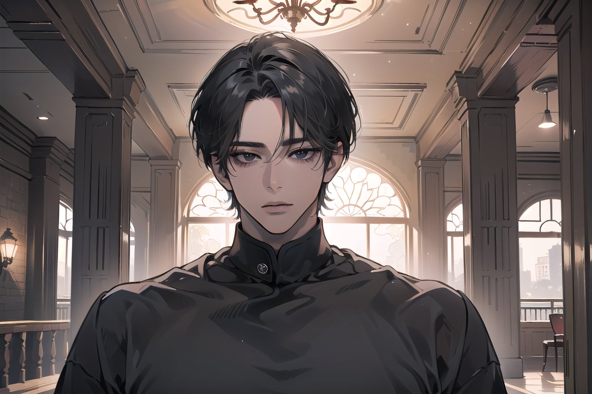  ((black very short hair)), (((dark skin:1.5))), ((center-parting bangs:1.4)), black eyes, ((mature)), serious, angular jaw, thick neck, wearing a (grey shirt:1.3), by Raphael, masterpiece, upper body shot, magnificent indoor hall, Dichloe,1 man,1 boy