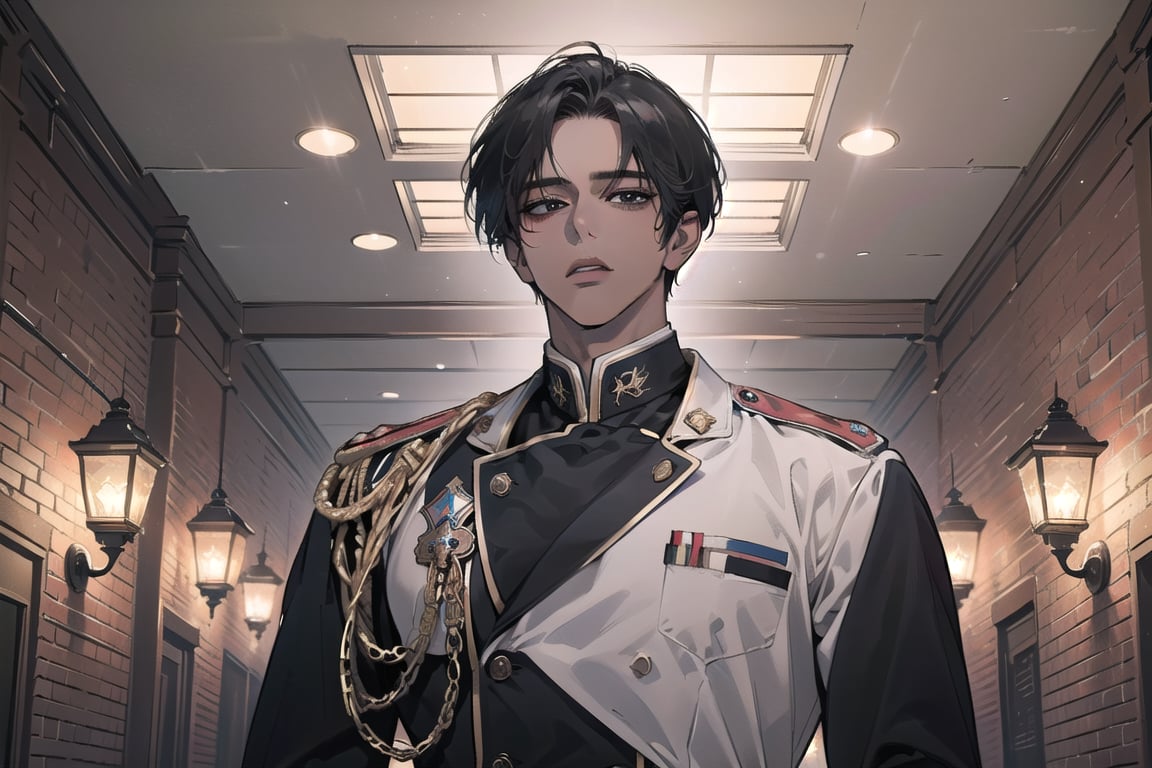  ((black very short hair)), (((dark skin:1.5))), ((center-parting bangs:1.4)), black eyes, ((mature)), serious, angular jaw, thick neck, wearing a (military uniform:1.3), long sleeve, by Raphael, masterpiece, upper body shot, magnificent indoor hall, Dichloe,1 man,1 boy