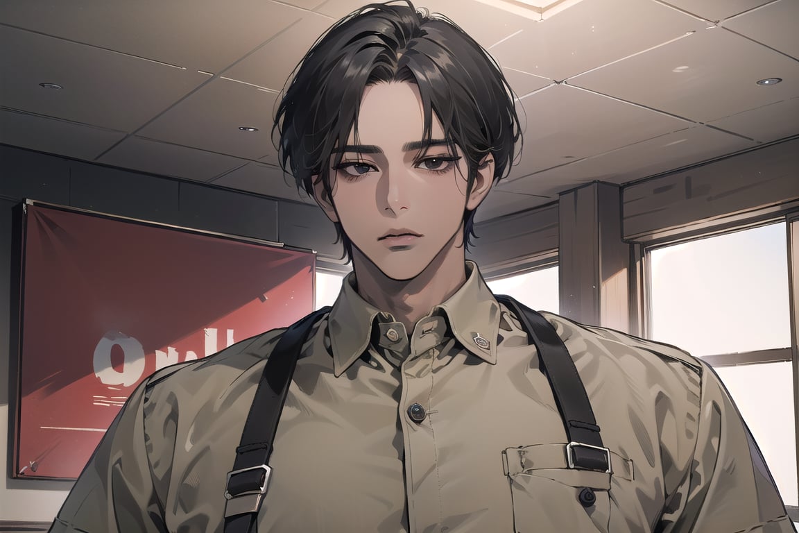  ((black very short hair)), (((dark skin:1.5))), ((center-parting bangs:1.4)), black eyes, ((mature)), serious, angular jaw, thick neck, wearing a (	Khaki shirt:1.3), by Raphael, masterpiece, upper body shot, magnificent indoor hall, Dichloe,1 man,1 boy