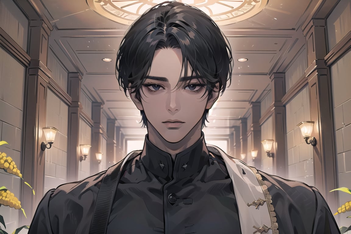  ((black very short hair)), (((dark skin:1.5))), ((center-parting bangs:1.4)), black eyes, ((mature)), serious, angular jaw, thick neck, wearing a (Cornsilk shirt:1.3), by Raphael, masterpiece, upper body shot, magnificent indoor hall, Dichloe,1 man,1 boy