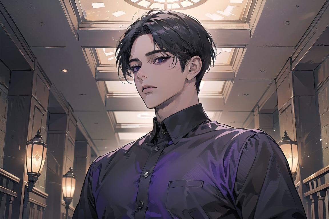  ((black very short hair)), (((dark skin:1.5))), ((center-parting bangs:1.4)), black eyes, ((mature)), serious, angular jaw, thick neck, wearing a (purple shirt:1.3), by Raphael, masterpiece, upper body shot, magnificent indoor hall, Dichloe,1 man,1 boy