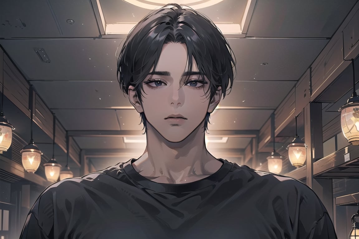  ((black very short hair)), (((dark skin:1.5))), ((center-parting bangs:1.4)), black eyes, ((mature)), serious, angular jaw, thick neck, wearing a (grey shirt:1.3), by Raphael, masterpiece, upper body shot, magnificent indoor hall, Dichloe,1 man,1 boy