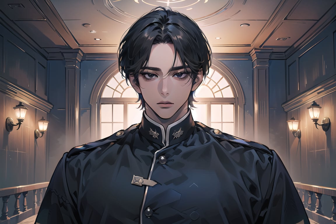  ((black very short hair)), (((dark skin:1.5))), ((center-parting bangs:1.4)), black eyes, ((mature)), serious, angular jaw, thick neck, wearing a (CadetBlue shirt:1.3), by Raphael, masterpiece, upper body shot, magnificent indoor hall, Dichloe,1 man,1 boy