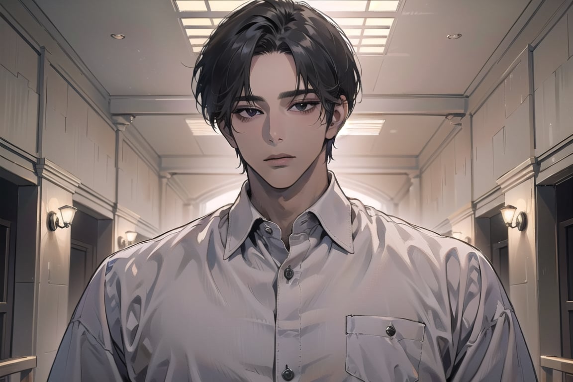  ((black very short hair)), (((dark skin:1.5))), ((center-parting bangs:1.4)), black eyes, ((mature)), serious, angular jaw, thick neck, wearing a (Linen shirt:1.3), by Raphael, masterpiece, upper body shot, magnificent indoor hall, Dichloe,1 man,1 boy