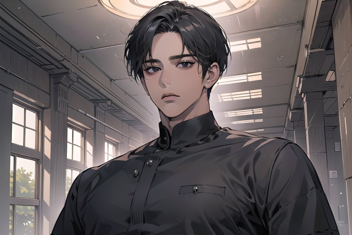  ((black very short hair)), (((dark skin:1.5))), ((center-parting bangs:1.4)), black eyes, ((mature)), serious, angular jaw, thick neck, wearing a (Tan shirt:1.3), by Raphael, masterpiece, upper body shot, magnificent indoor hall, Dichloe,1 man,1 boy