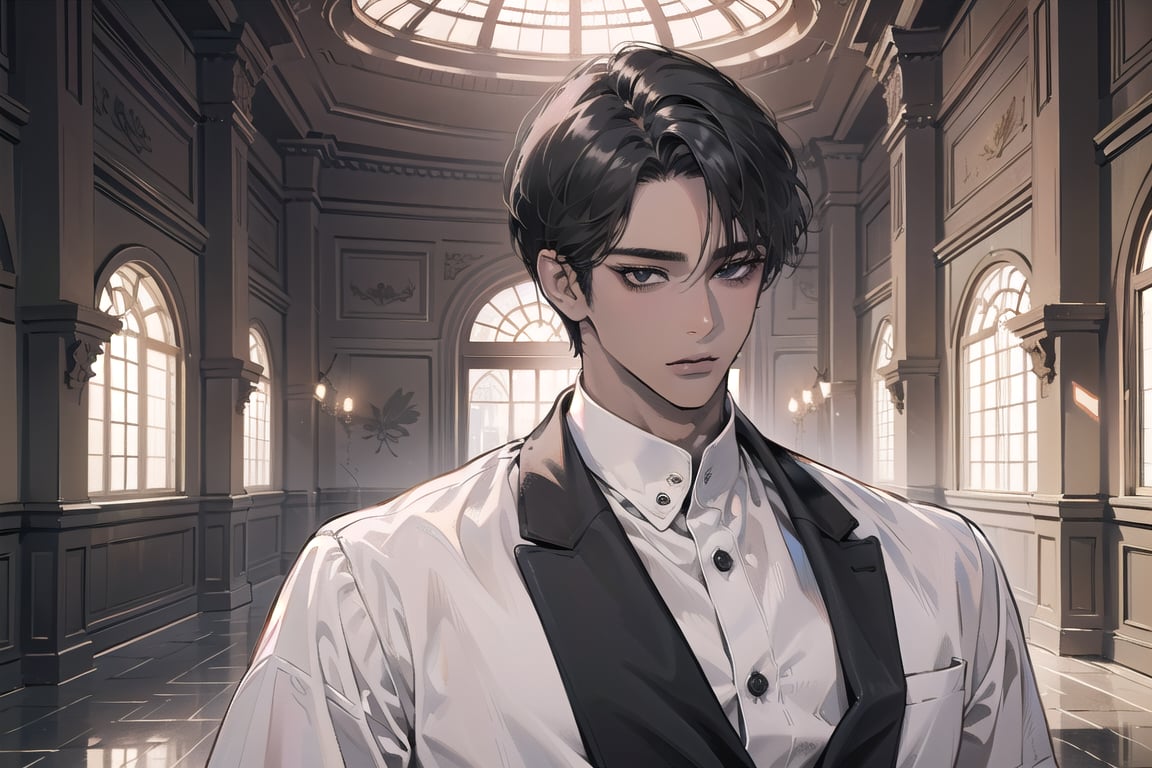  ((black very short hair)), (((dark skin:1.5))), ((center-parting bangs:1.4)), black eyes, ((mature)), serious, angular jaw, thick neck, wearing a (white shirt:1.3), by Raphael, masterpiece, upper body shot, magnificent indoor hall, Dichloe,1 man,1 boy