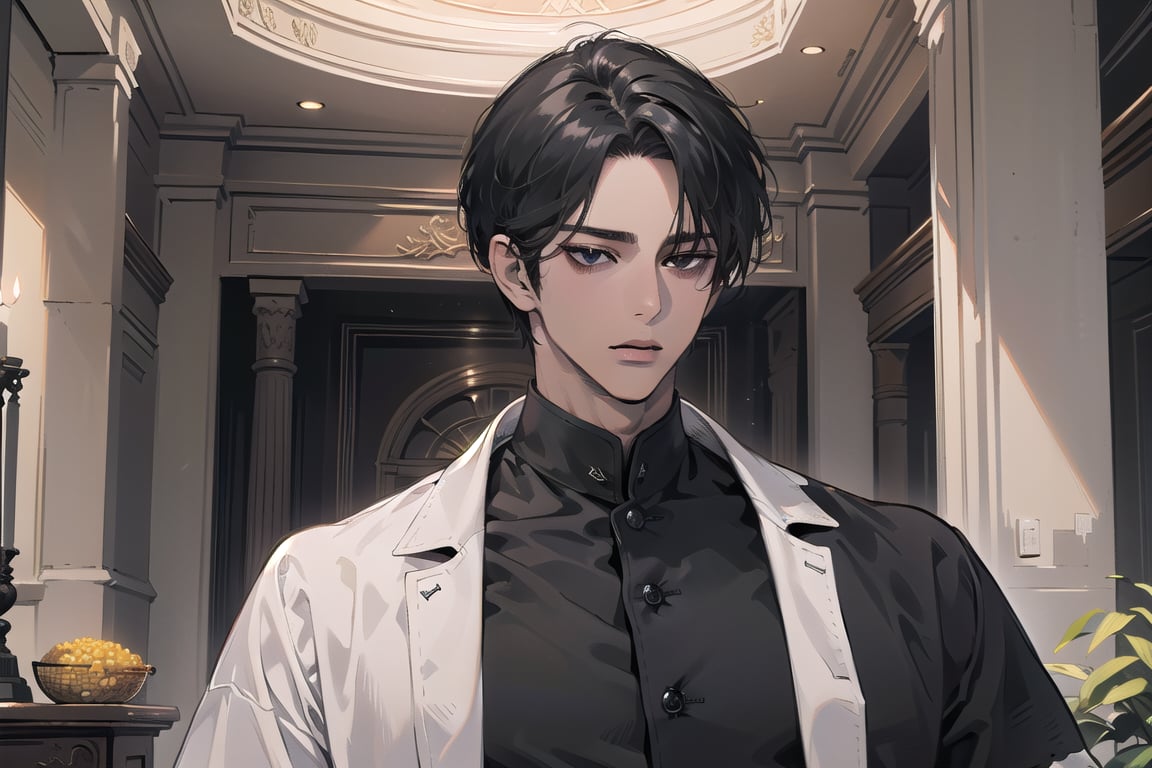  ((black very short hair)), (((dark skin:1.5))), ((center-parting bangs:1.4)), black eyes, ((mature)), serious, angular jaw, thick neck, wearing a (Cornsilk shirt:1.3), by Raphael, masterpiece, upper body shot, magnificent indoor hall, Dichloe,1 man,1 boy