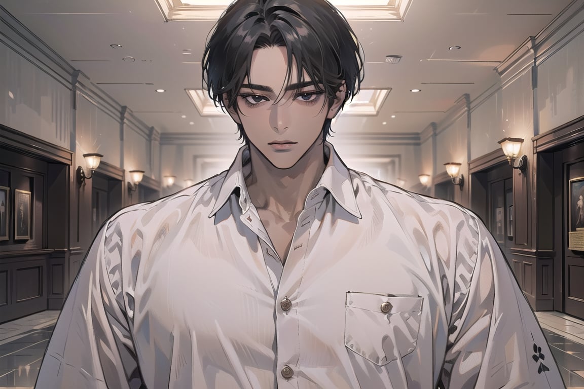  ((black very short hair)), (((dark skin:1.5))), ((center-parting bangs:1.4)), black eyes, ((mature)), serious, angular jaw, thick neck, wearing a (Linen shirt:1.3), by Raphael, masterpiece, upper body shot, magnificent indoor hall, Dichloe,1 man,1 boy