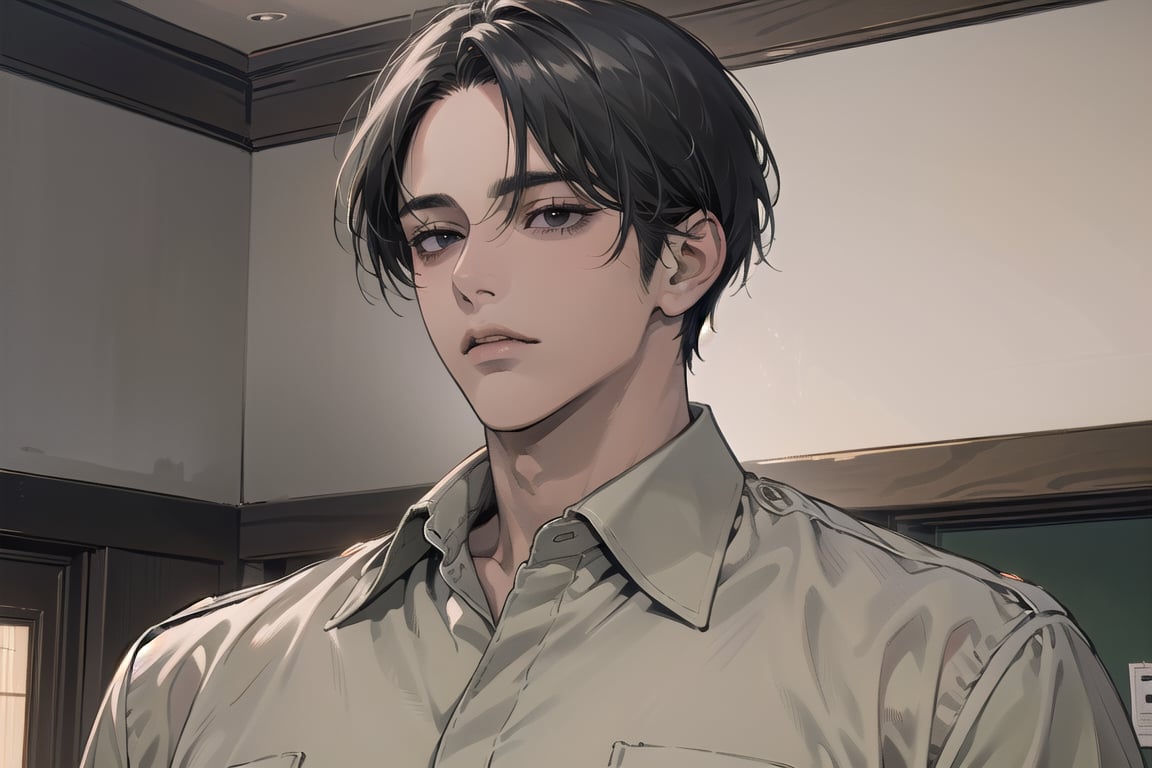  ((black very short hair)), (((dark skin:1.5))), ((center-parting bangs:1.4)), black eyes, ((mature)), serious, angular jaw, thick neck, wearing a (Khaki shirt:1.3), by Raphael, masterpiece, upper body shot, magnificent indoor hall, Dichloe,1 man,1 boy