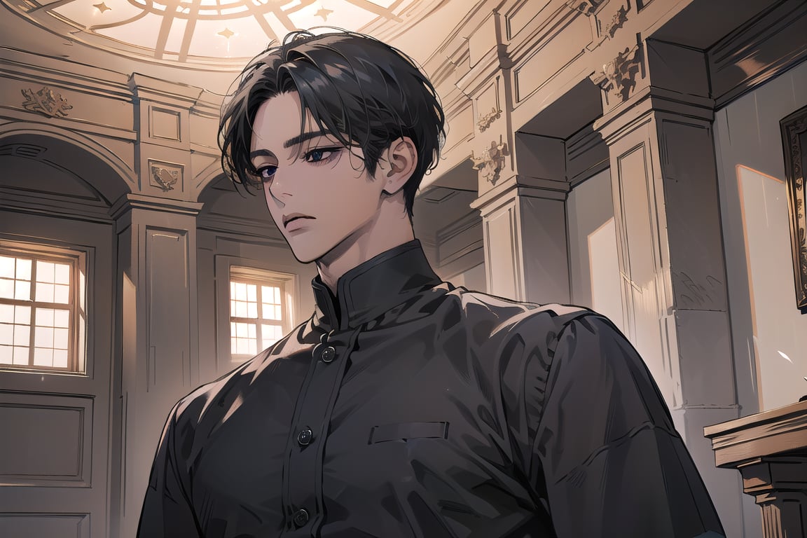  ((black very short hair)), (((dark skin:1.5))), ((center-parting bangs:1.4)), black eyes, ((mature)), serious, angular jaw, thick neck, wearing a (shirt:1.3), long sleeve, by Raphael, masterpiece, upper body shot, magnificent indoor hall, Dichloe,1 man,1 boy