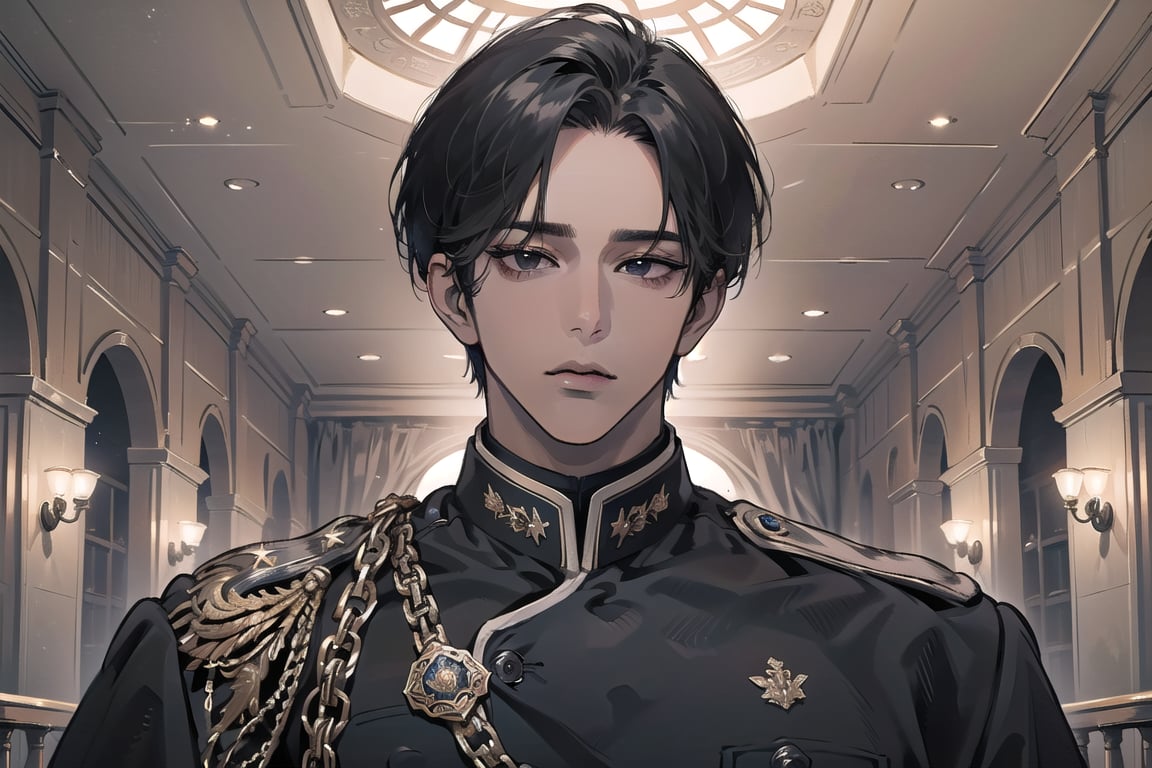  ((black very short hair)), (((dark skin:1.5))), ((center-parting bangs:1.4)), black eyes, ((mature)), serious, angular jaw, thick neck, wearing a (military uniform:1.3), long sleeve, by Raphael, masterpiece, upper body shot, magnificent indoor hall, Dichloe,1 man,1 boy