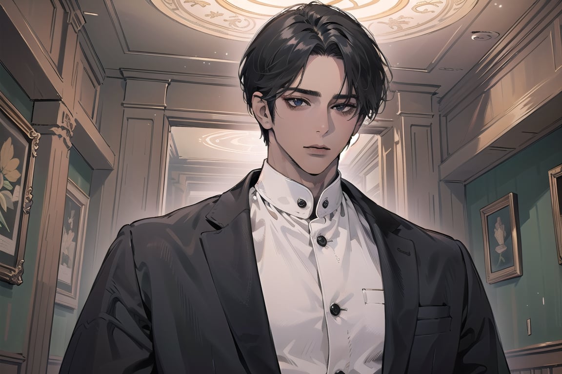  ((black very short hair)), (((dark skin:1.5))), ((center-parting bangs:1.4)), black eyes, ((mature)), serious, angular jaw, thick neck, wearing a (shirt:1.3), long sleeve, by Raphael, masterpiece, upper body shot, magnificent indoor hall, Dichloe,1 man,1 boy