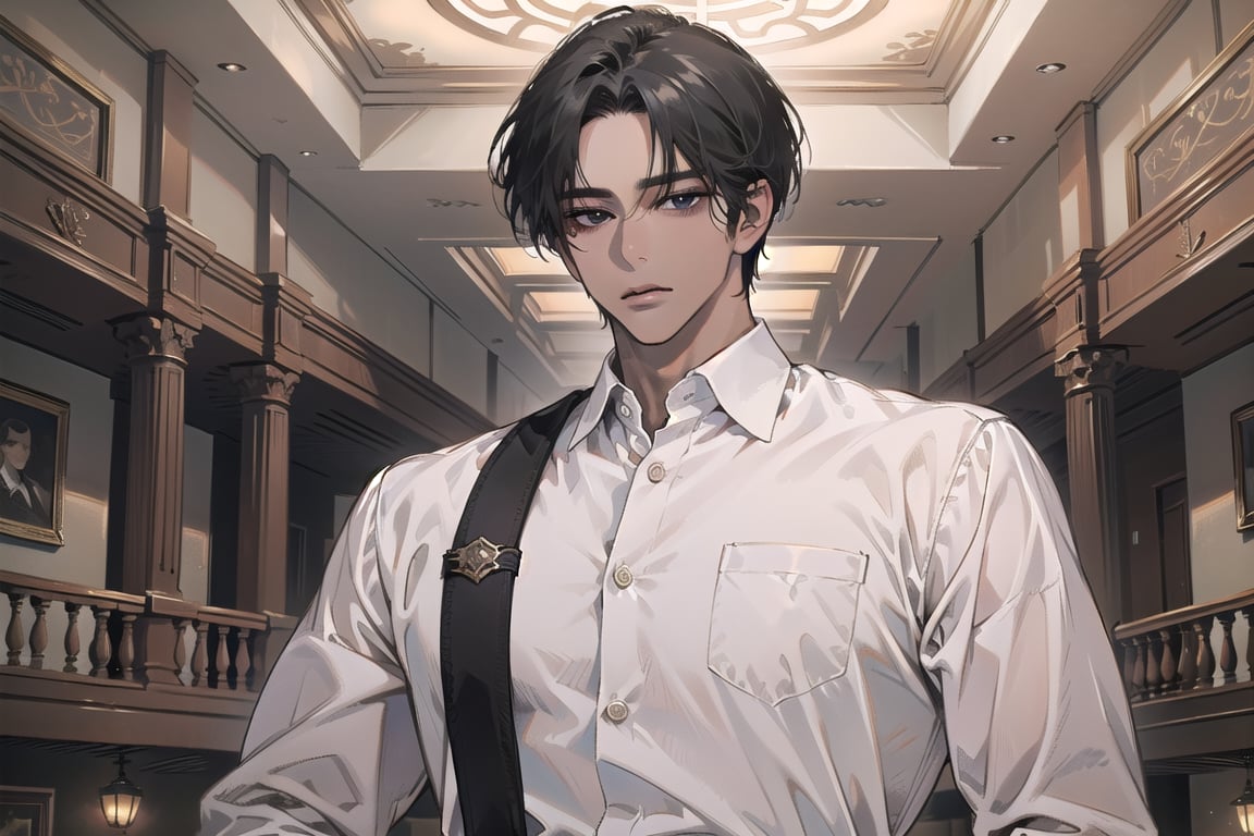  ((black very short hair)), (((dark skin:1.5))), ((center-parting bangs:1.4)), black eyes, ((mature)), serious, angular jaw, thick neck, wearing a (white shirt:1.3), long sleeve, by Raphael, masterpiece, upper body shot, magnificent indoor hall, Dichloe,1 man,1 boy