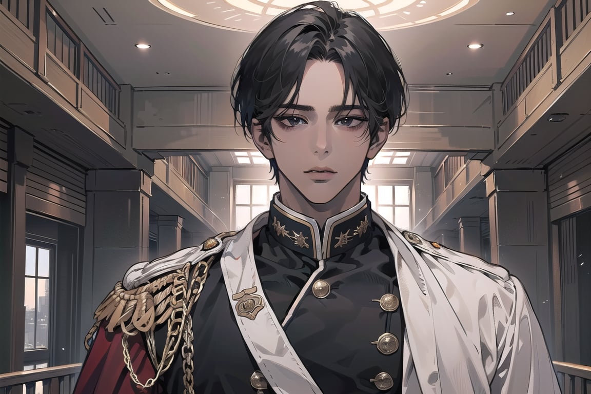  ((black very short hair)), (((dark skin:1.5))), ((center-parting bangs:1.4)), black eyes, ((mature)), serious, angular jaw, thick neck, wearing a (military uniform:1.3), long sleeve, by Raphael, masterpiece, upper body shot, magnificent indoor hall, Dichloe,1 man,1 boy