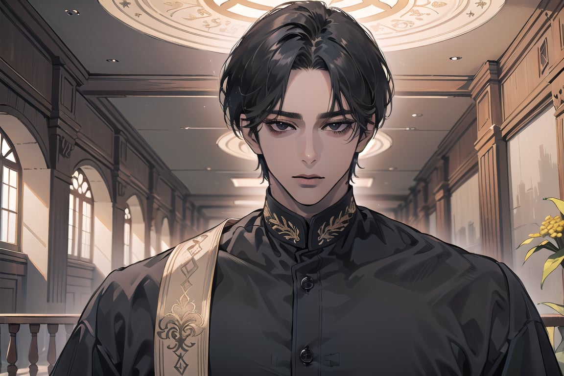  ((black very short hair)), (((dark skin:1.5))), ((center-parting bangs:1.4)), black eyes, ((mature)), serious, angular jaw, thick neck, wearing a (Cornsilk shirt:1.3), by Raphael, masterpiece, upper body shot, magnificent indoor hall, Dichloe,1 man,1 boy