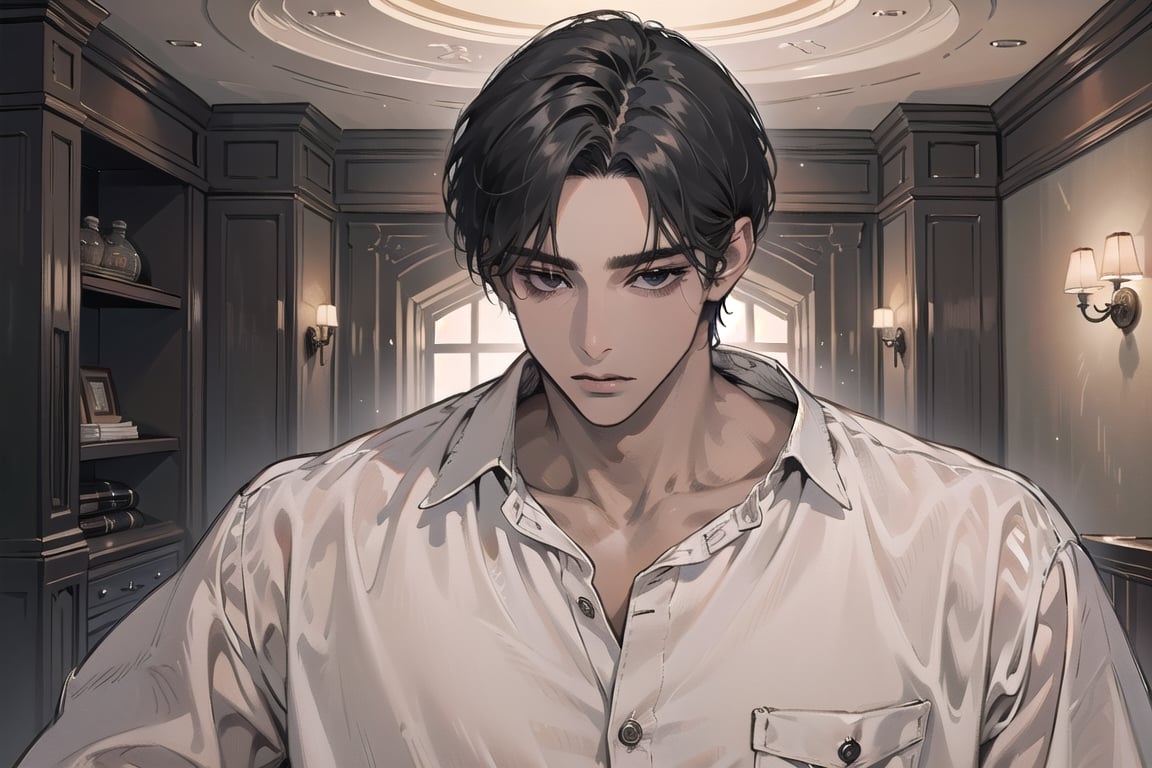  ((black very short hair)), (((dark skin:1.5))), ((center-parting bangs:1.4)), black eyes, ((mature)), serious, angular jaw, thick neck, wearing a (Linen shirt:1.3), by Raphael, masterpiece, upper body shot, magnificent indoor hall, Dichloe,1 man,1 boy