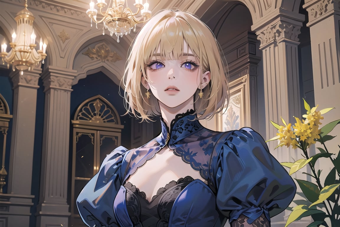 ((Goldenrod hair)), bob cut, bangs, purple eyes, ((small chest:1.1)), wearing a ((Blue lace dress:1.3)), prince, royal, by Raphael, masterpiece, upper body shot, magnificent indoor hall, Neonie, 1girl