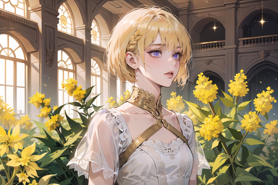 ((Goldenrod hair:1.5)), bob cut, bangs, purple eyes, ((small chest:1.1)), wearing a ((Lace dress:1.3)), short sleeve, by Raphael, masterpiece, upper body shot, magnificent indoor hall, Neonie, 1girl