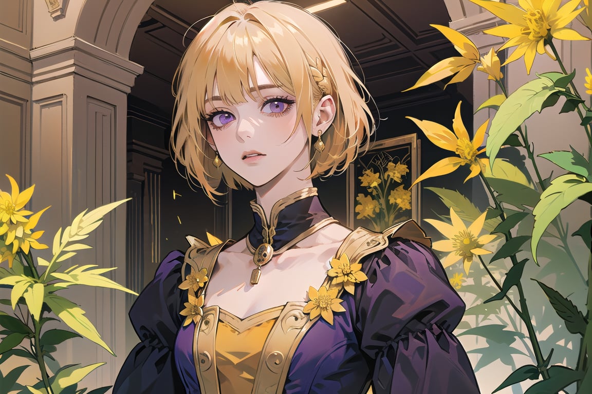 ((Goldenrod hair:1.5)), bob cut, bangs, purple eyes, ((small chest:1.1)), wearing a ((orange)) ((Victorian dress:1.1)), prince, long sleeve, by Raphael, masterpiece, upper body shot, magnificent indoor hall, Neonie, 1girl