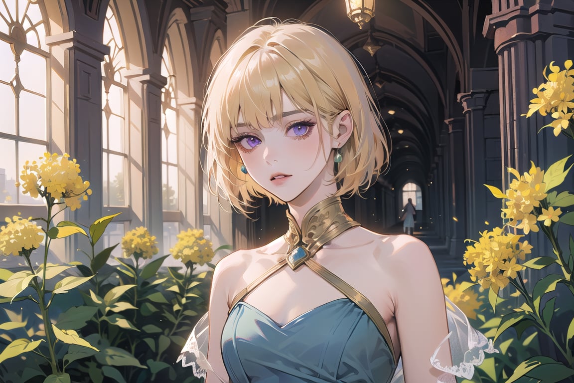 ((Goldenrod hair)), bob cut, bangs, purple eyes, ((small chest:1.1)), wearing a ((SkyBlue Romanticism dress:1.3)), by Raphael, masterpiece, upper body shot, magnificent indoor hall, Neonie, 1girl