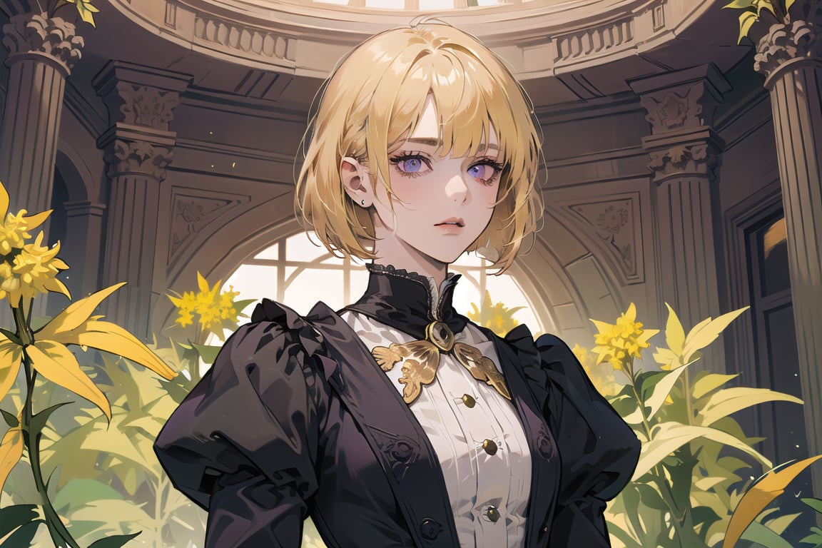 ((Goldenrod hair:1.5)), bob cut, bangs, purple eyes, ((small chest:1.1)), wearing a ((Victorian dress:1.1)), prince, long sleeve, by Raphael, masterpiece, upper body shot, magnificent indoor hall, Neonie, 1girl