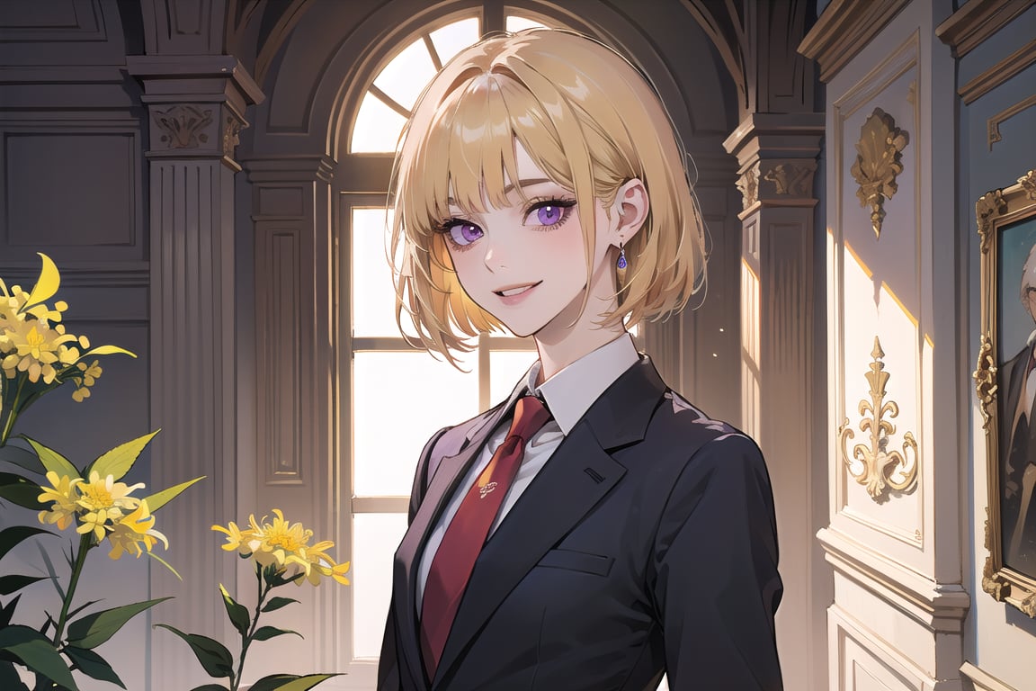 ((Goldenrod hair)), bob cut, bangs, purple eyes, (smile), ((small chest:1.1)), wearing a ((suit)), red tie, by Raphael, masterpiece, upper body shot, magnificent indoor hall,Argissa,1 girl,Neonie,1girl