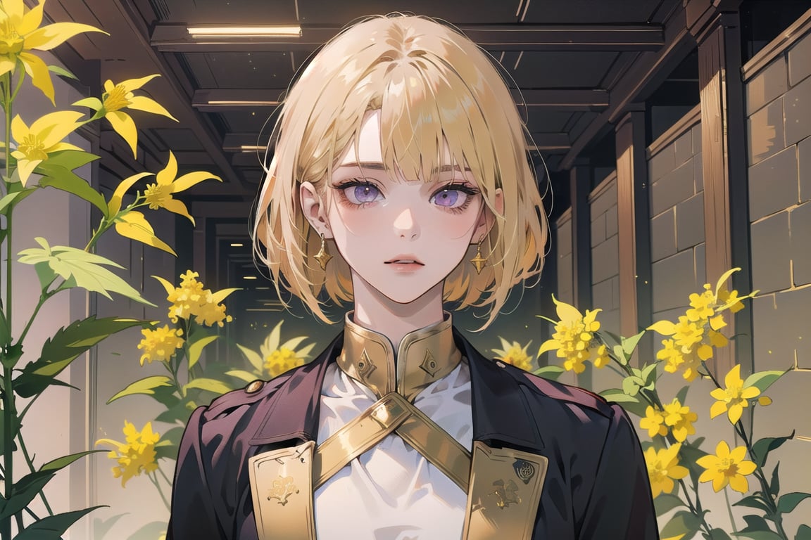 ((Goldenrod hair:1.5)), bob cut, bangs, purple eyes, ((small chest:1.1)), wearing a ((red mikitary uniform:1.3)), by Raphael, masterpiece, upper body shot, magnificent indoor hall, Neonie, 1girl