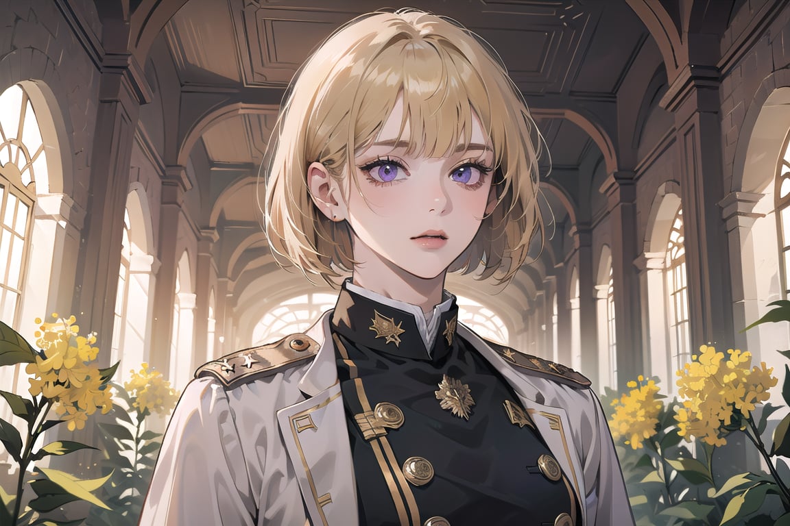 ((Goldenrod hair)), bob cut, bangs, purple eyes, ((small chest:1.1)), wearing a ((military uniform:1.3)), by Raphael, masterpiece, upper body shot, magnificent indoor hall, Neonie, 1girl